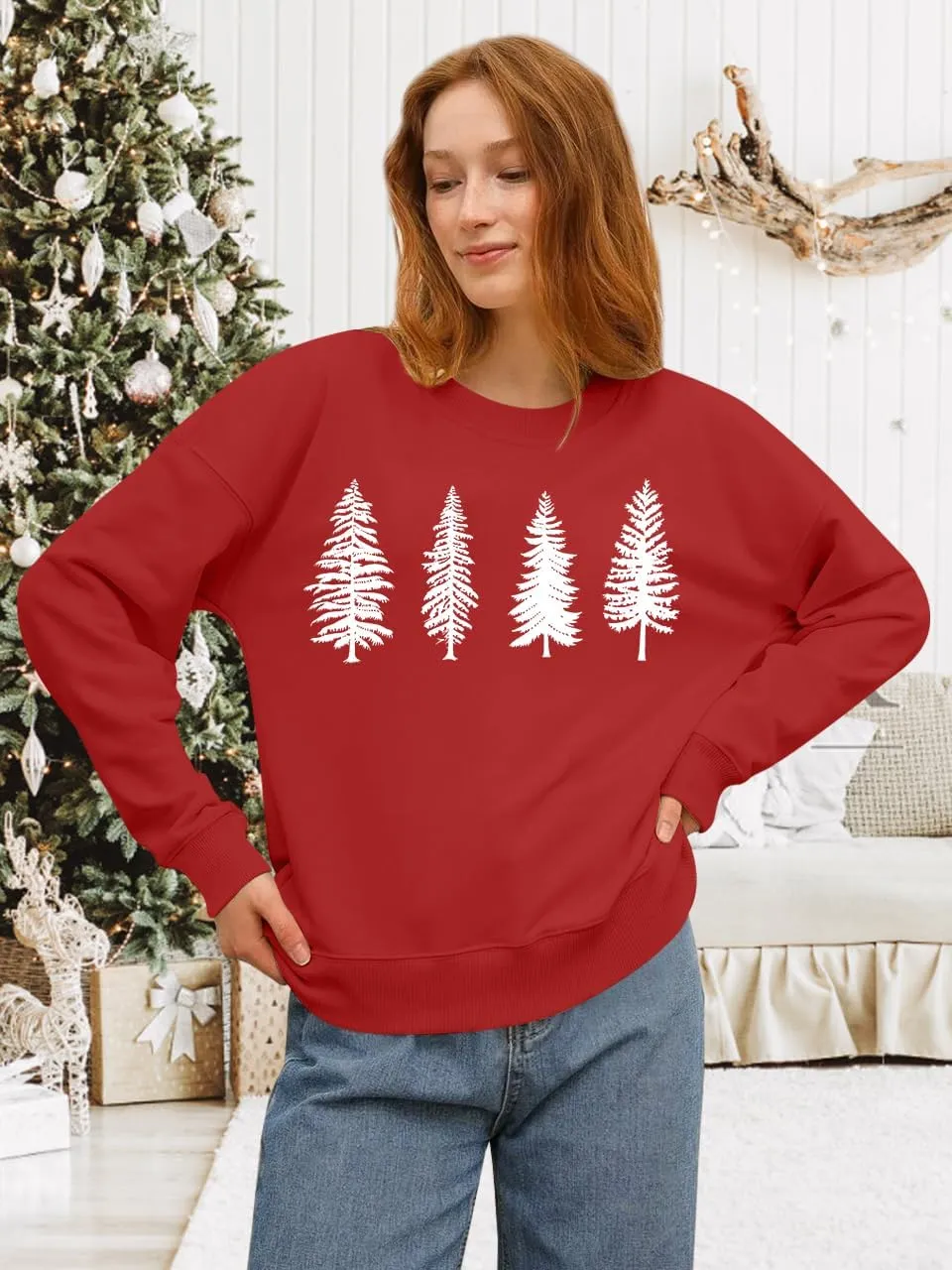 PECHAR Christmas Tree Sweatshirts Women Pine Tree Print Shirts Nature Lover Gift Casual Tee Long Sleeve Xmas Pullover