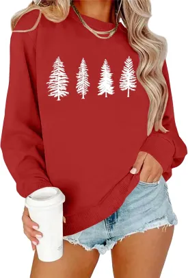 PECHAR Christmas Tree Sweatshirts Women Pine Tree Print Shirts Nature Lover Gift Casual Tee Long Sleeve Xmas Pullover