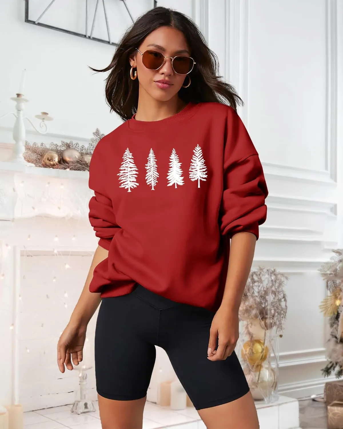 PECHAR Christmas Tree Sweatshirts Women Pine Tree Print Shirts Nature Lover Gift Casual Tee Long Sleeve Xmas Pullover
