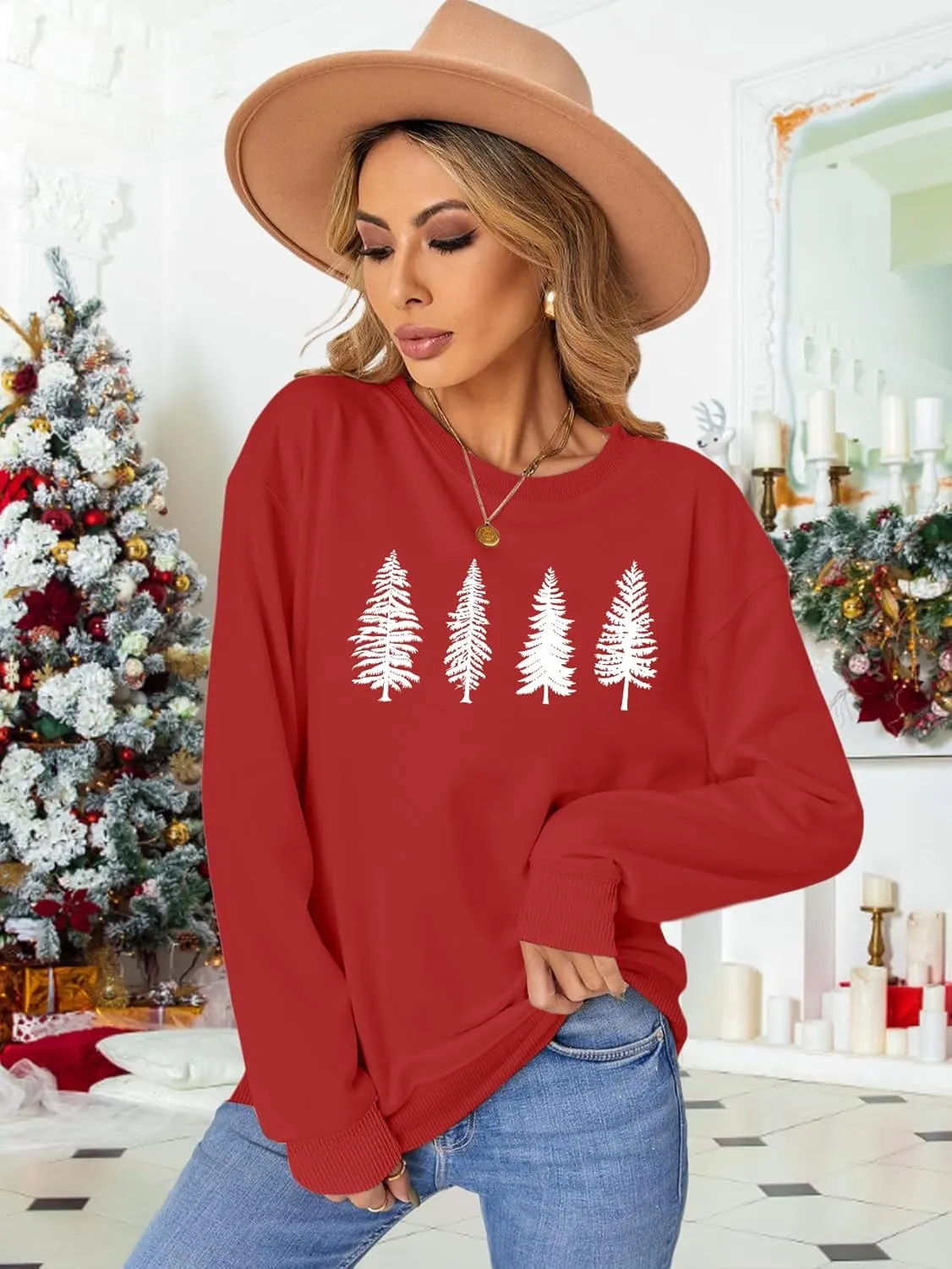 PECHAR Christmas Tree Sweatshirts Women Pine Tree Print Shirts Nature Lover Gift Casual Tee Long Sleeve Xmas Pullover