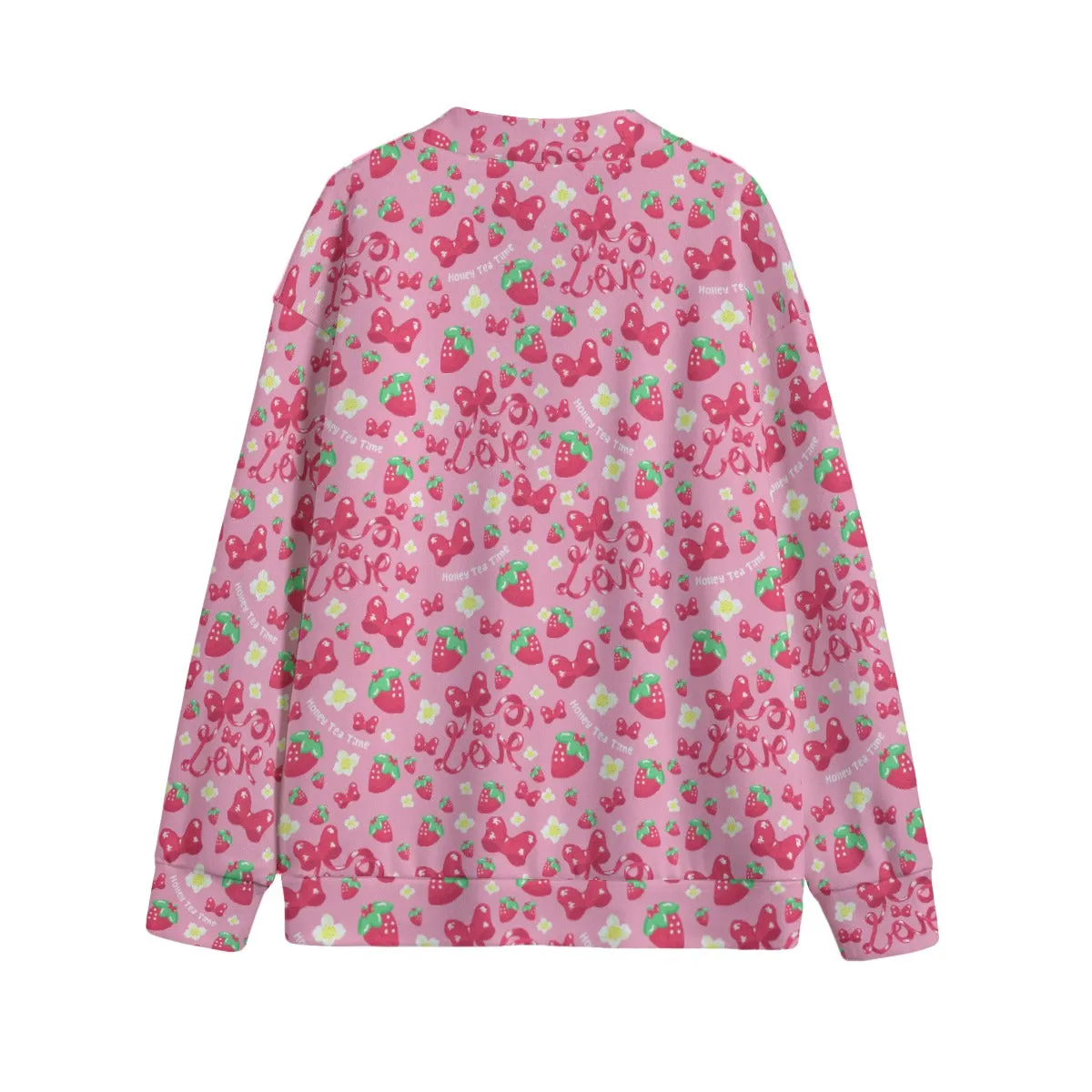 Strawberry Ribbon Unisex V-Neck Knitted Fleece Button Up Cardigan With Pockets