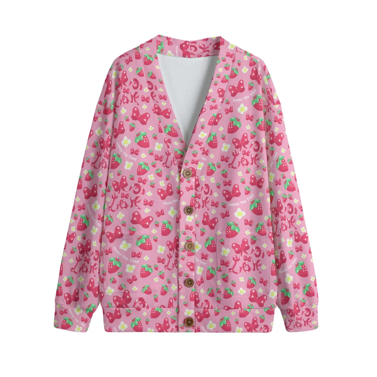 Strawberry Ribbon Unisex V-Neck Knitted Fleece Button Up Cardigan With Pockets