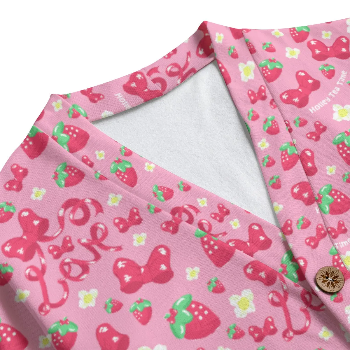 Strawberry Ribbon Unisex V-Neck Knitted Fleece Button Up Cardigan With Pockets