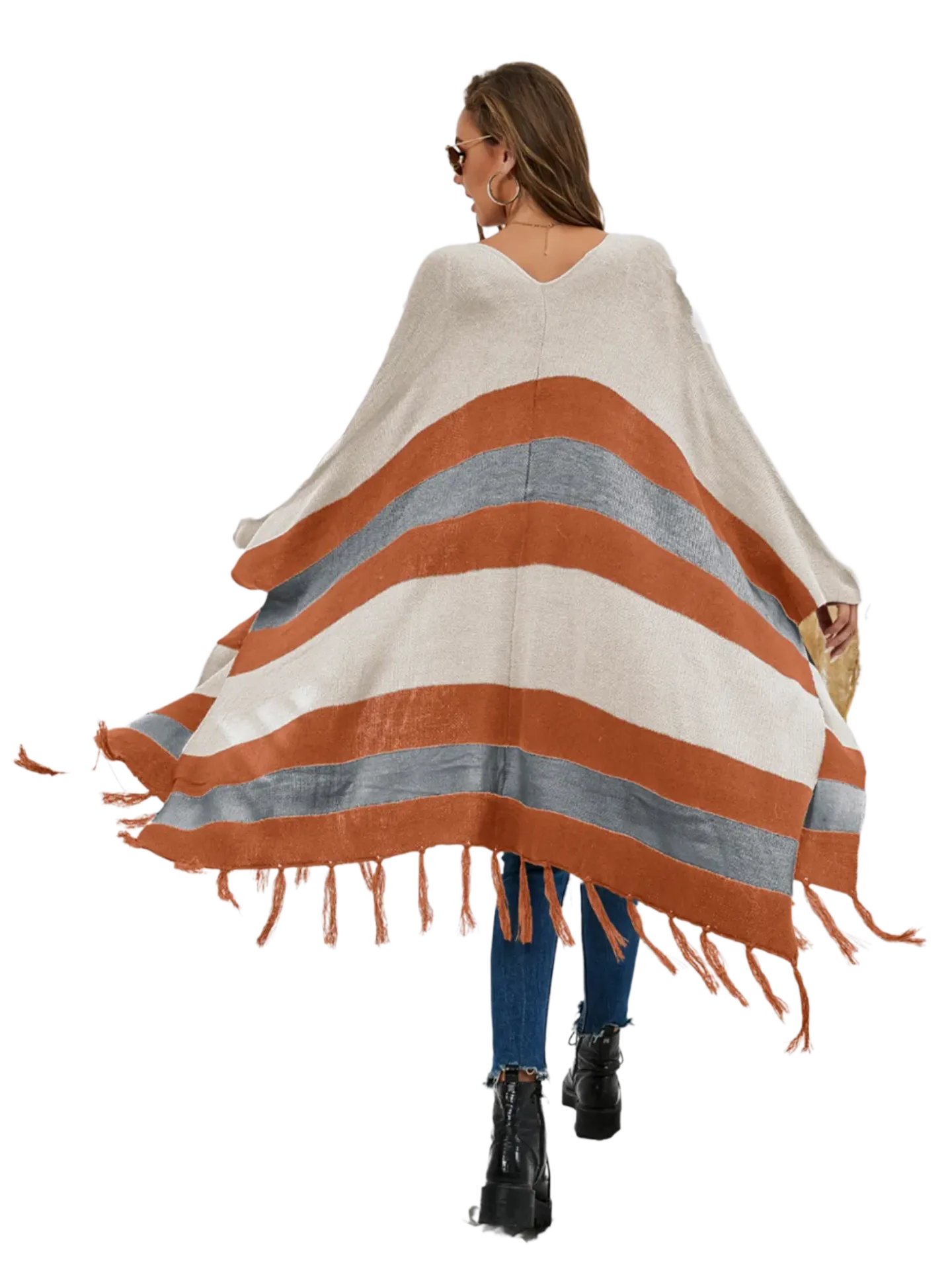 Striped Open Front Fringe Cardigan