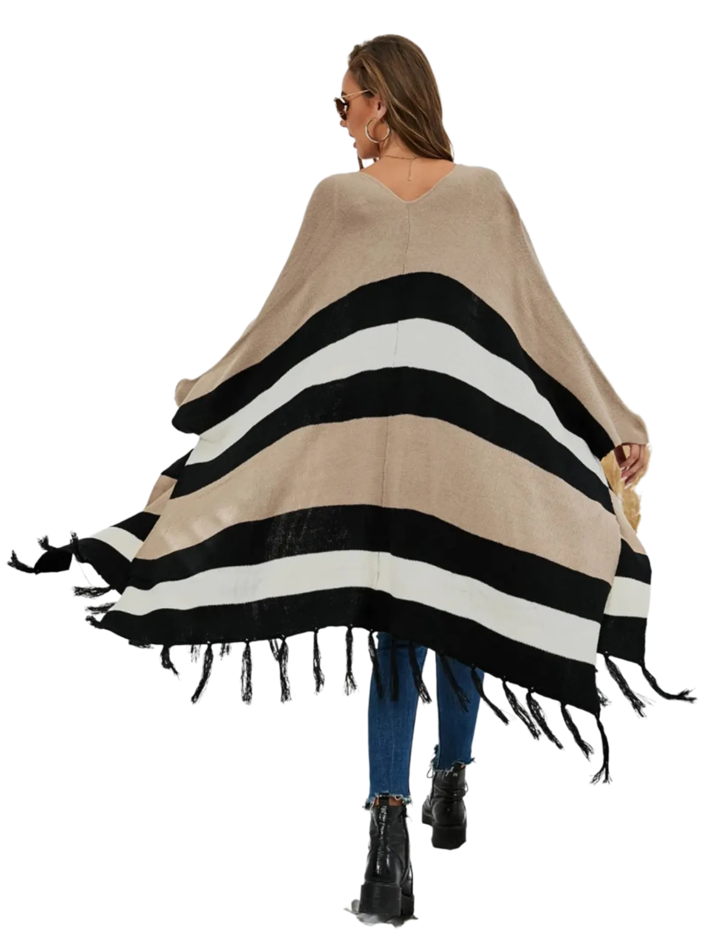 Striped Open Front Fringe Cardigan