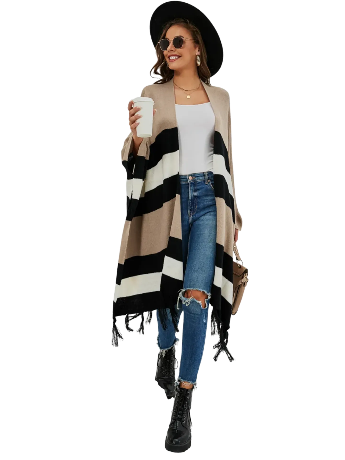 Striped Open Front Fringe Cardigan