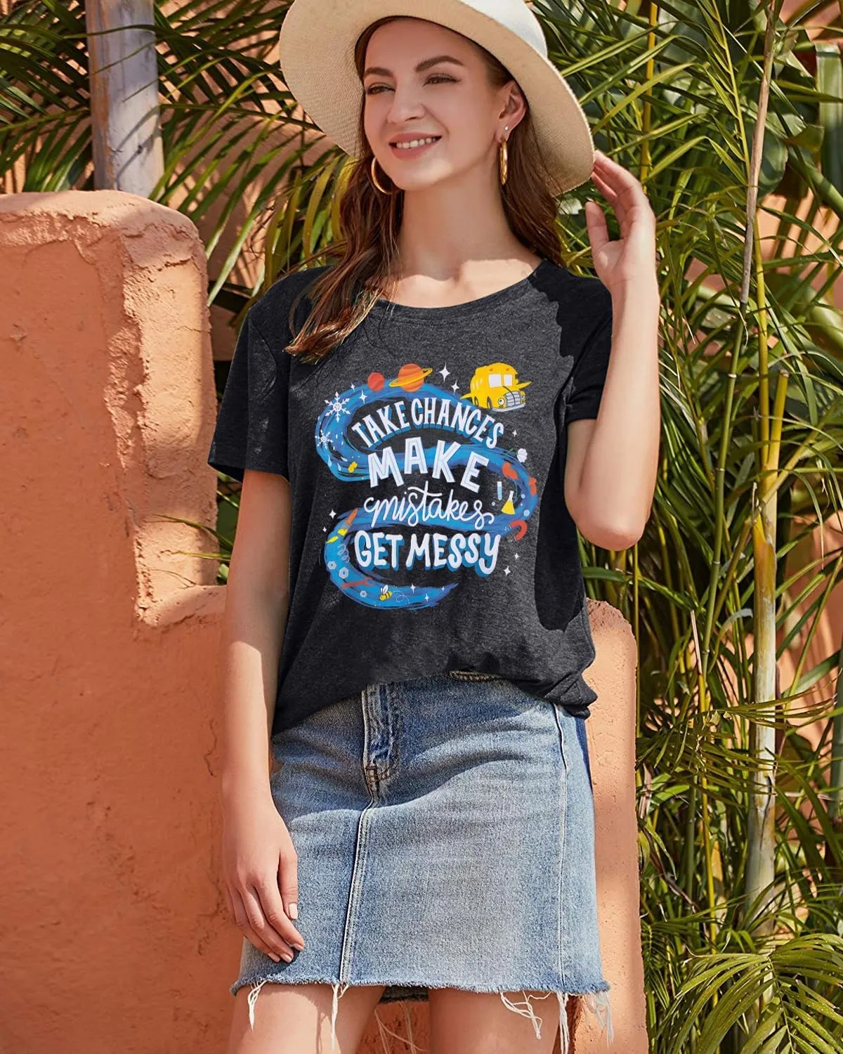 Teacher Shirts Take Chances Make Mistakes Get Messy Graphic Back to School Tshirt Short Sleeve Tee Casual Funny Teacher Tops