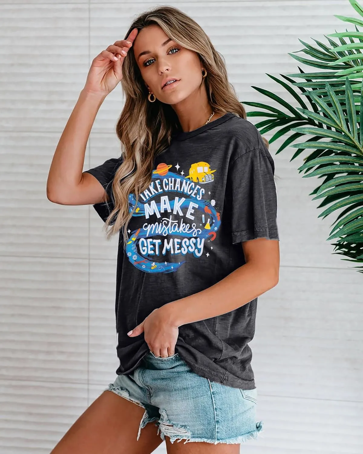 Teacher Shirts Take Chances Make Mistakes Get Messy Graphic Back to School Tshirt Short Sleeve Tee Casual Funny Teacher Tops