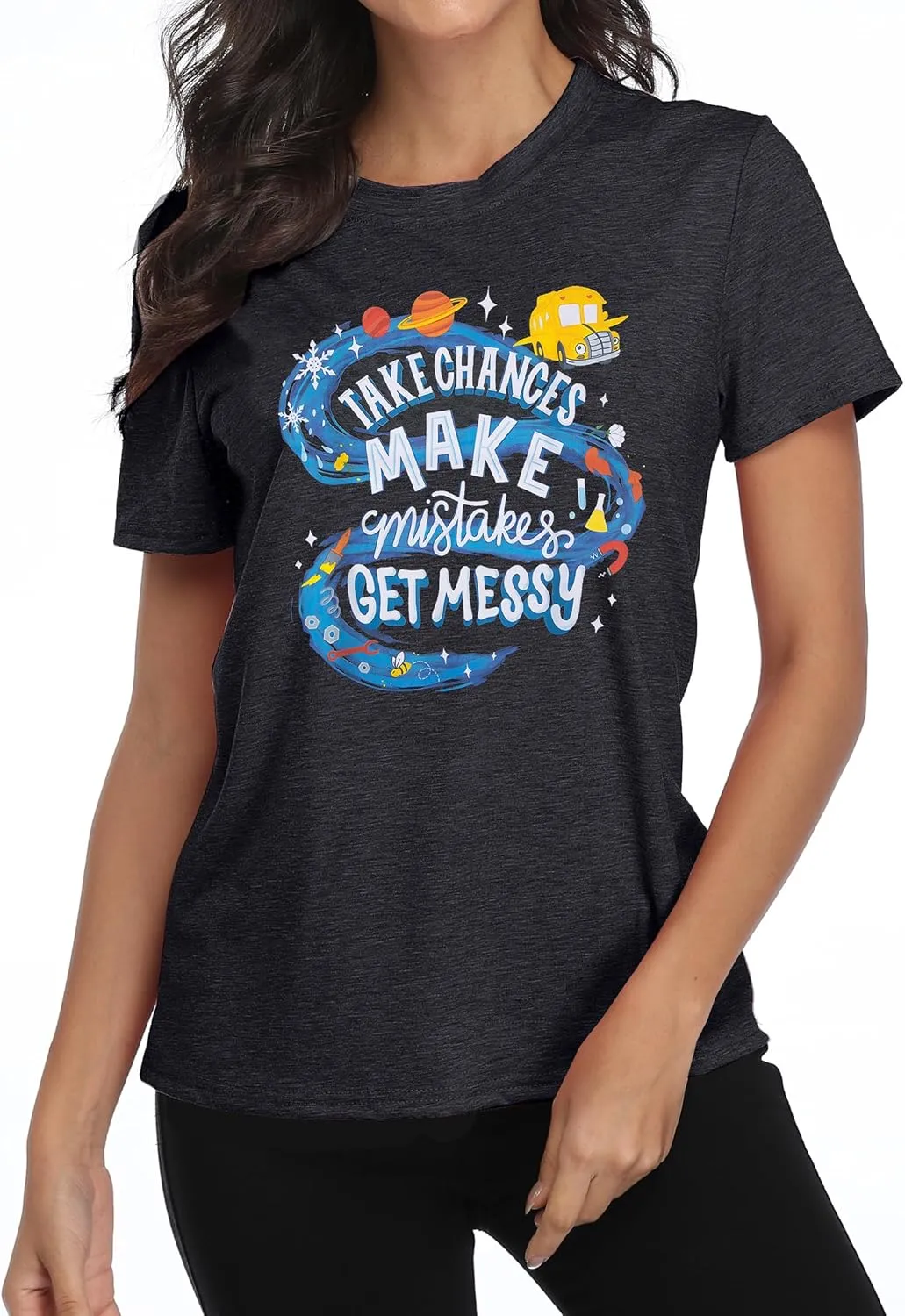 Teacher Shirts Take Chances Make Mistakes Get Messy Graphic Back to School Tshirt Short Sleeve Tee Casual Funny Teacher Tops