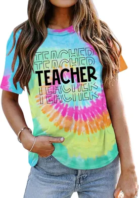 Teacher Shirts Women: Tie Dye Teacher Tshirt Funny Teacher Life Shirt Teacher Tee Tops Short Sleeve Teacher Gifts