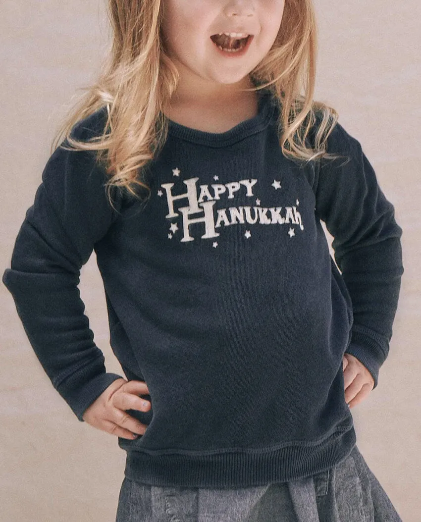 The Little College Sweatshirt. -- NAVY WITH HANUKKAH GRAPHIC