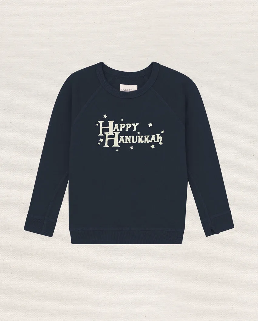 The Little College Sweatshirt. -- NAVY WITH HANUKKAH GRAPHIC
