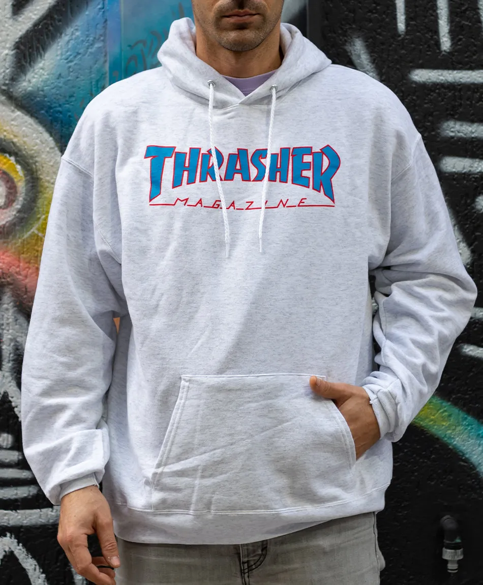 THRASHER FLAME LOGO HOOD OUTLINED ASH GREY