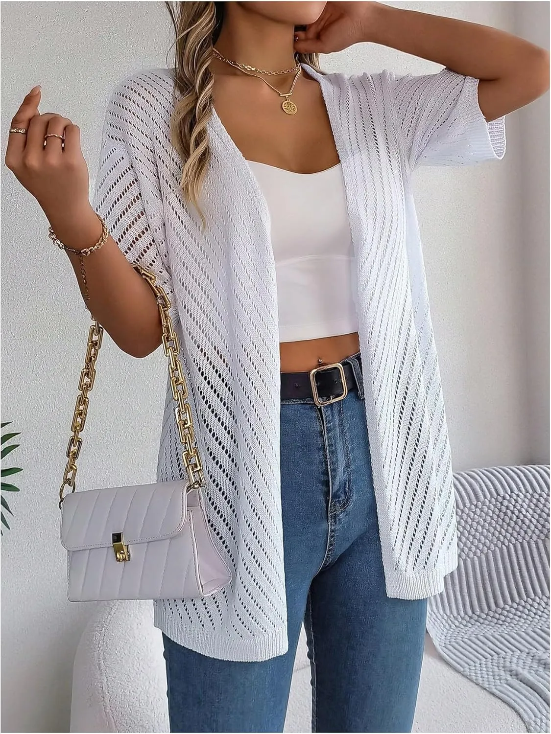 Verdusa Women's Hollow Out Short Sleeve Open Front Cardigan Sweater Outwear