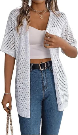 Verdusa Women's Hollow Out Short Sleeve Open Front Cardigan Sweater Outwear