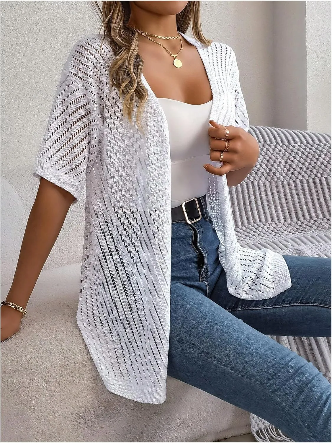 Verdusa Women's Hollow Out Short Sleeve Open Front Cardigan Sweater Outwear