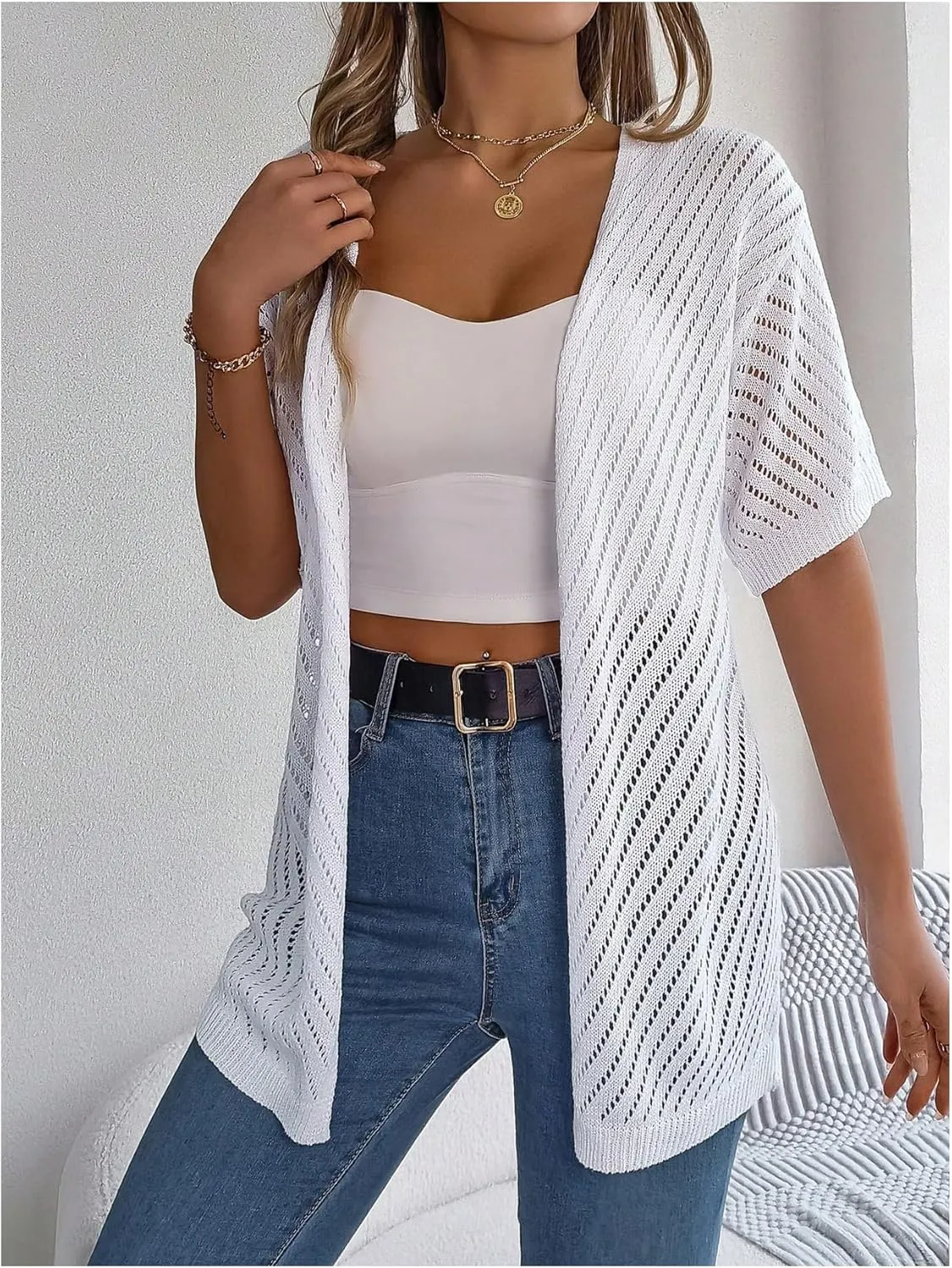 Verdusa Women's Hollow Out Short Sleeve Open Front Cardigan Sweater Outwear