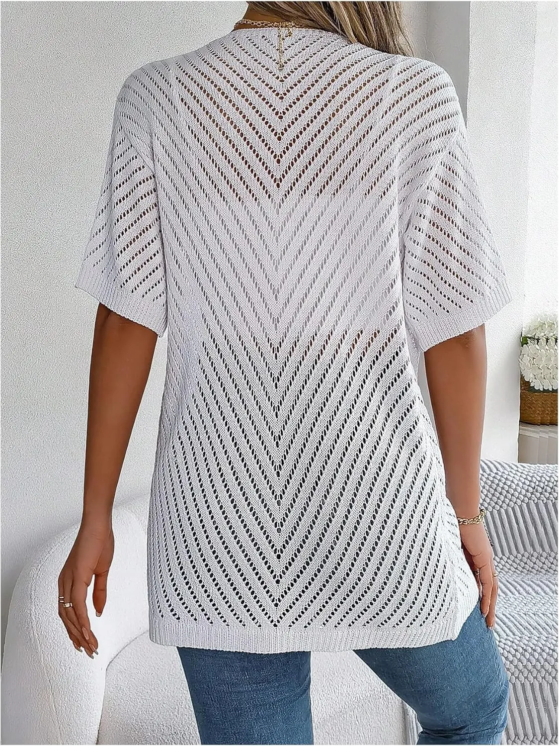 Verdusa Women's Hollow Out Short Sleeve Open Front Cardigan Sweater Outwear