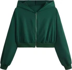 WDIRARA Girl's Zip Front Hoodie Pocket Casual Long Sleeve Sweatshirt Cropped Tops