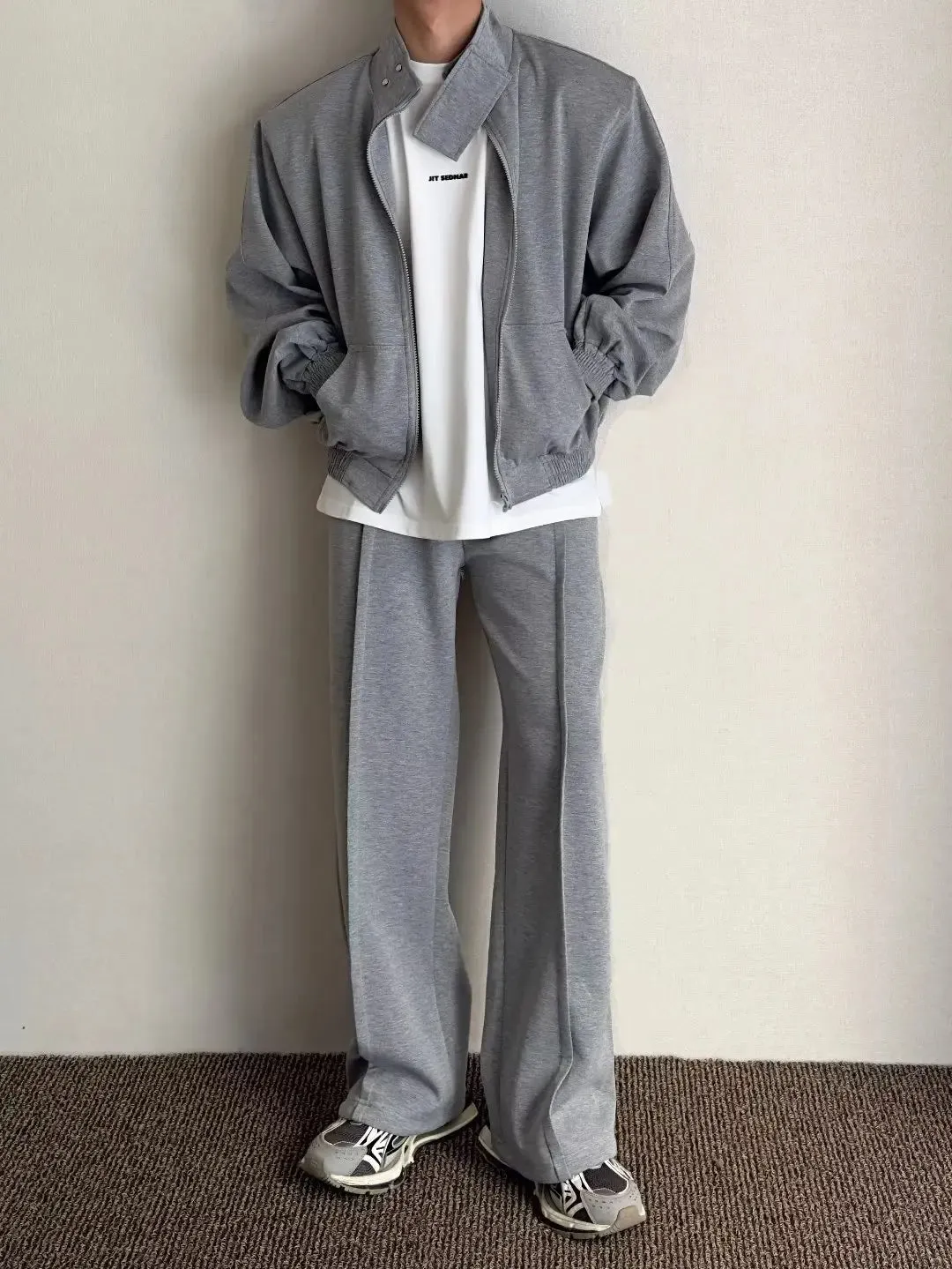 Wiaofellas -  Stand Collar Sweatshirt Set Men Sports Cardigan Jacket and Jogging Wide Leg Pants Loose Sports 2-piece Sets Unisex Tracksuits