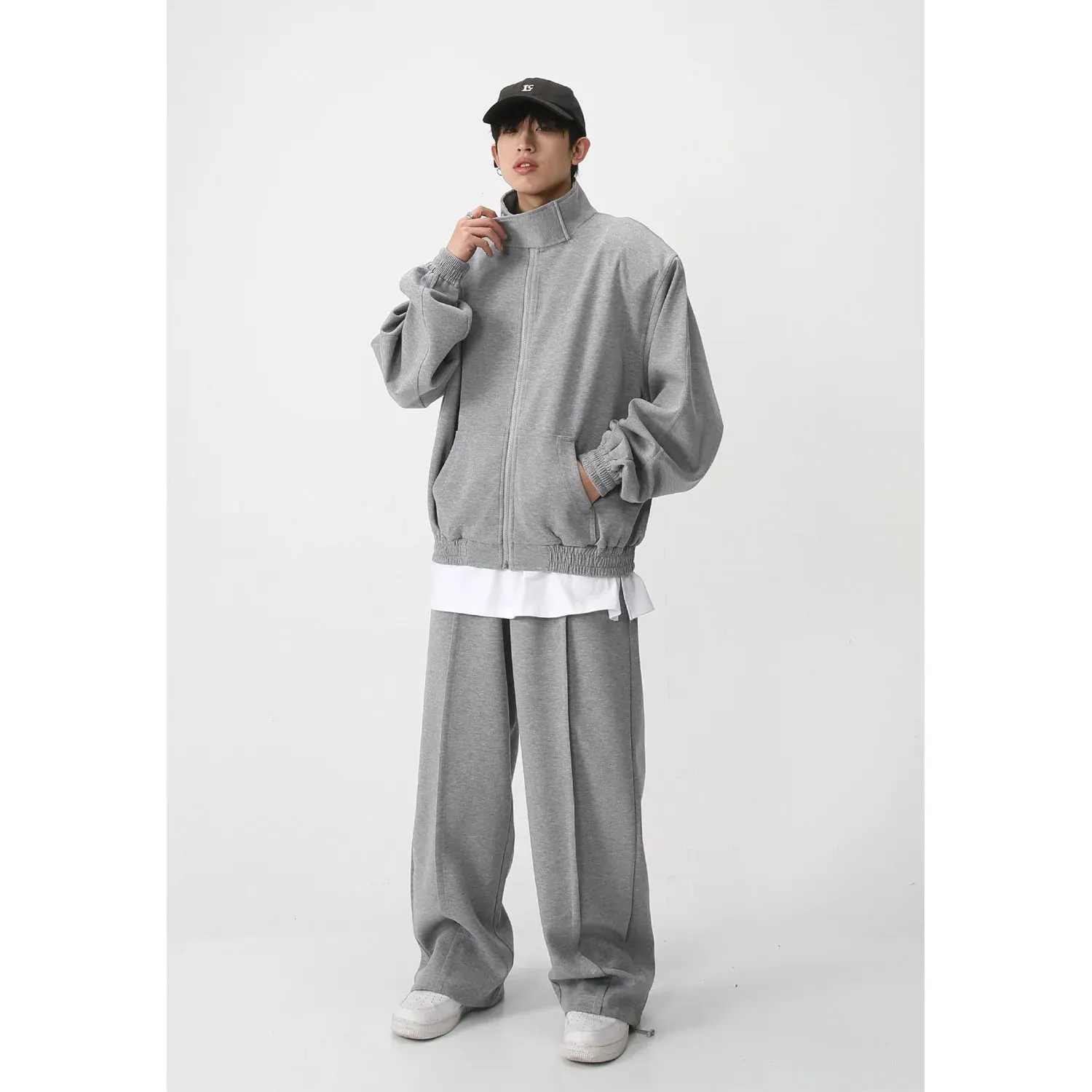 Wiaofellas -  Stand Collar Sweatshirt Set Men Sports Cardigan Jacket and Jogging Wide Leg Pants Loose Sports 2-piece Sets Unisex Tracksuits