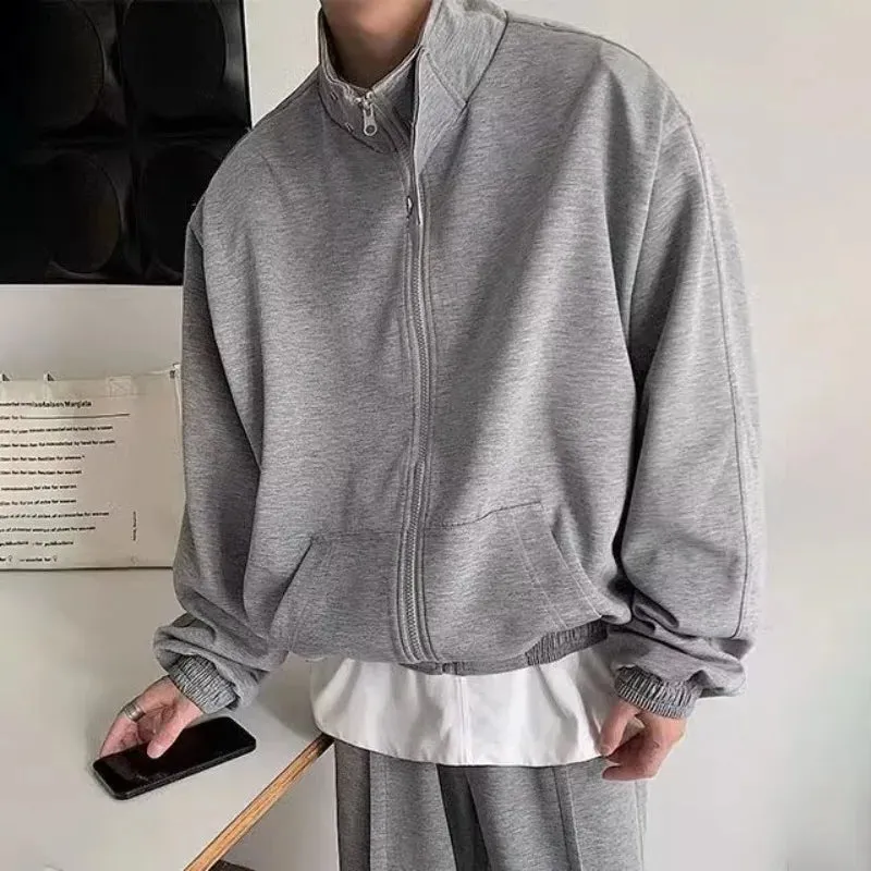 Wiaofellas -  Stand Collar Sweatshirt Set Men Sports Cardigan Jacket and Jogging Wide Leg Pants Loose Sports 2-piece Sets Unisex Tracksuits