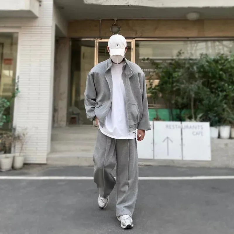 Wiaofellas -  Stand Collar Sweatshirt Set Men Sports Cardigan Jacket and Jogging Wide Leg Pants Loose Sports 2-piece Sets Unisex Tracksuits