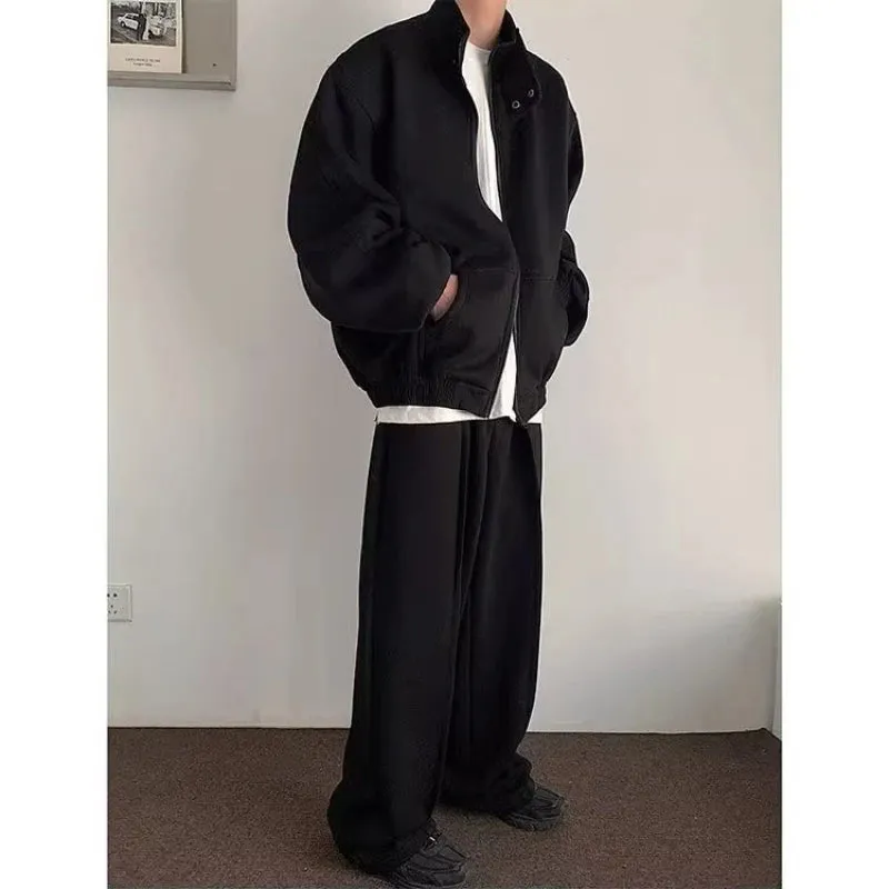 Wiaofellas -  Stand Collar Sweatshirt Set Men Sports Cardigan Jacket and Jogging Wide Leg Pants Loose Sports 2-piece Sets Unisex Tracksuits