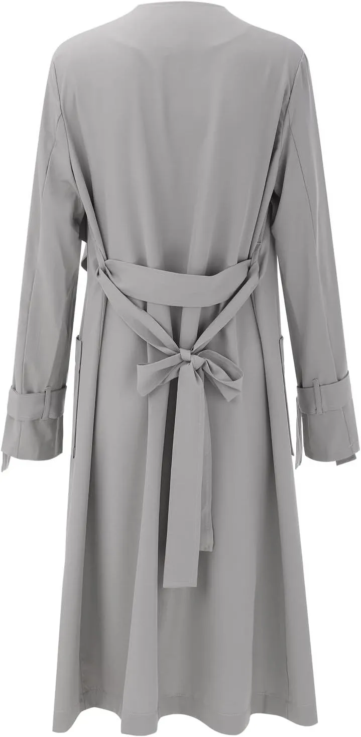 Women's Open Front Long Trench Coats Long Sleeve Slim Casual Pockted Windproof Overcoat with Belt and Cuff Straps