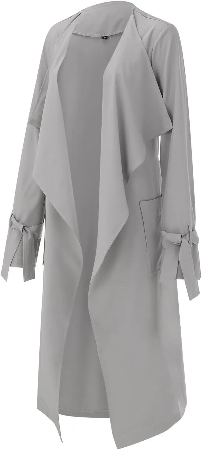 Women's Open Front Long Trench Coats Long Sleeve Slim Casual Pockted Windproof Overcoat with Belt and Cuff Straps