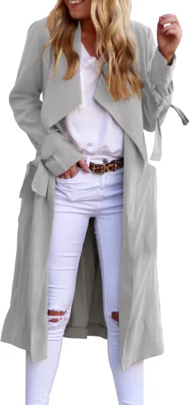 Women's Open Front Long Trench Coats Long Sleeve Slim Casual Pockted Windproof Overcoat with Belt and Cuff Straps