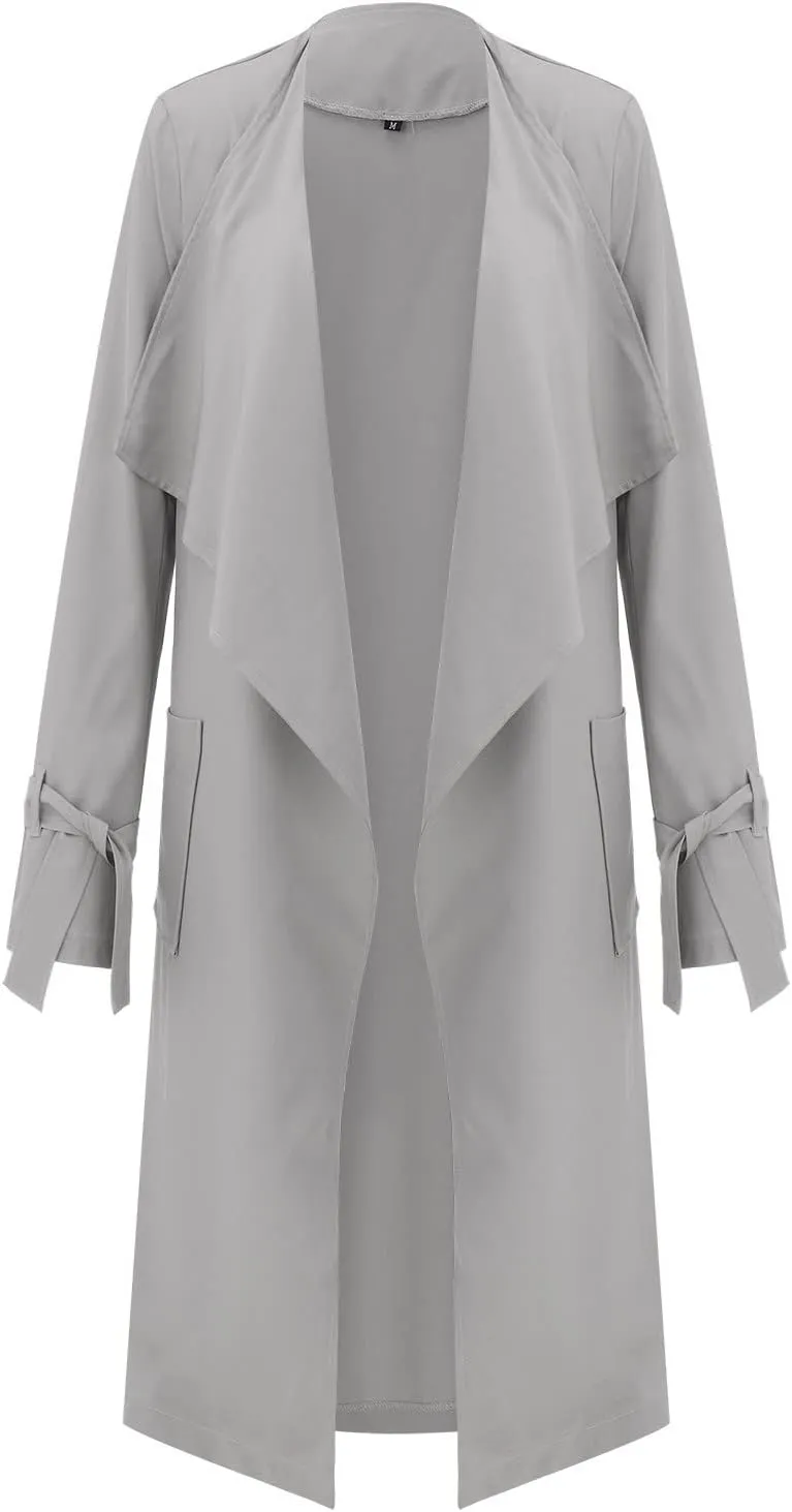 Women's Open Front Long Trench Coats Long Sleeve Slim Casual Pockted Windproof Overcoat with Belt and Cuff Straps