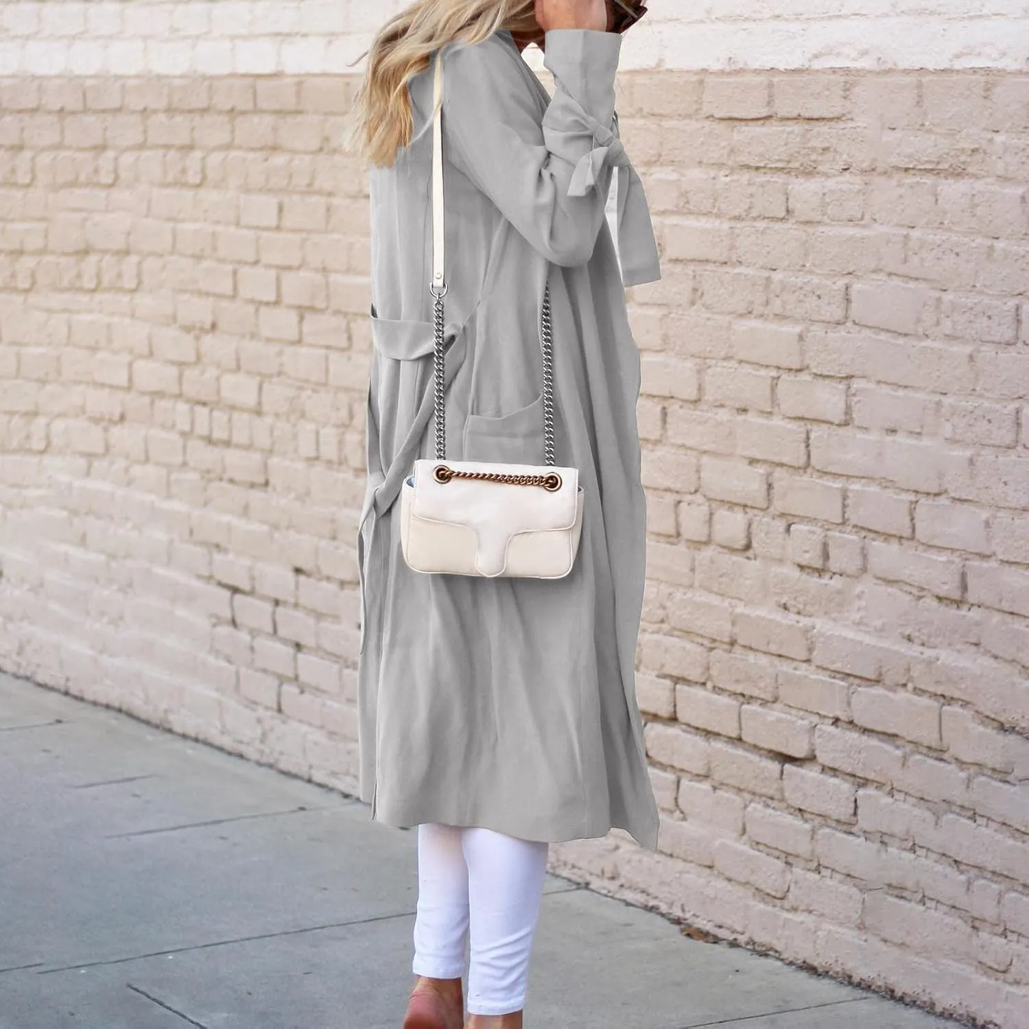 Women's Open Front Long Trench Coats Long Sleeve Slim Casual Pockted Windproof Overcoat with Belt and Cuff Straps