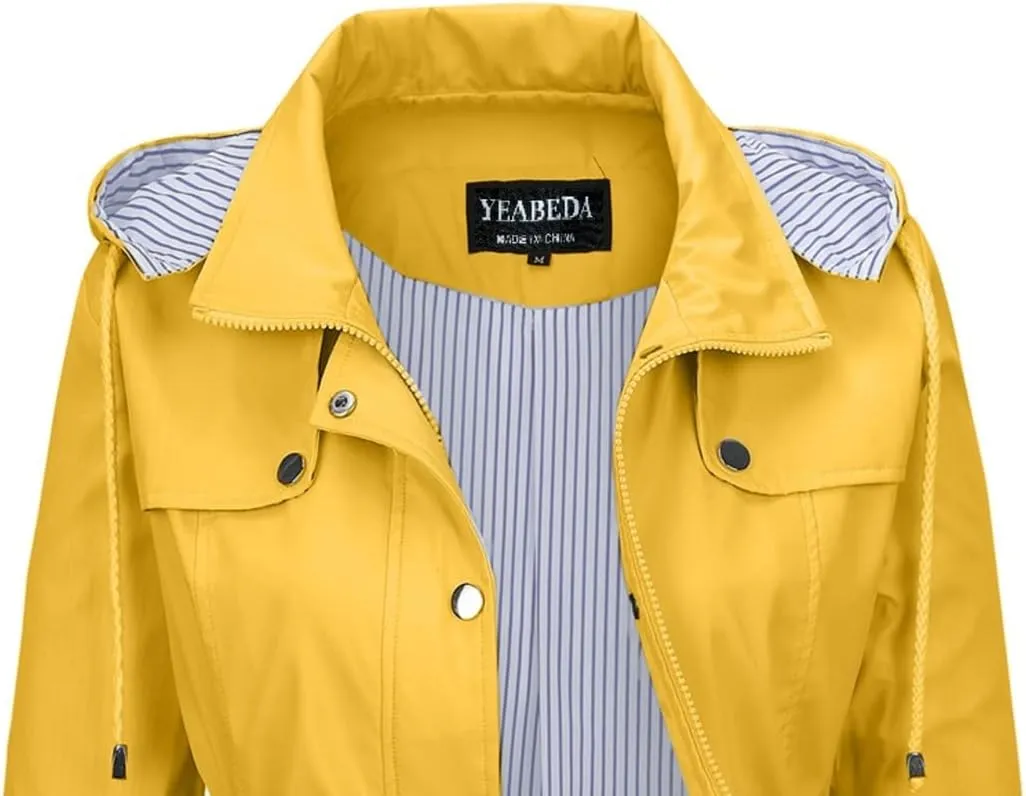 Womens Raincoat Waterproof with Hood Lightweight Windbreaker Rain Jacket Trench Coats Striped Lined
